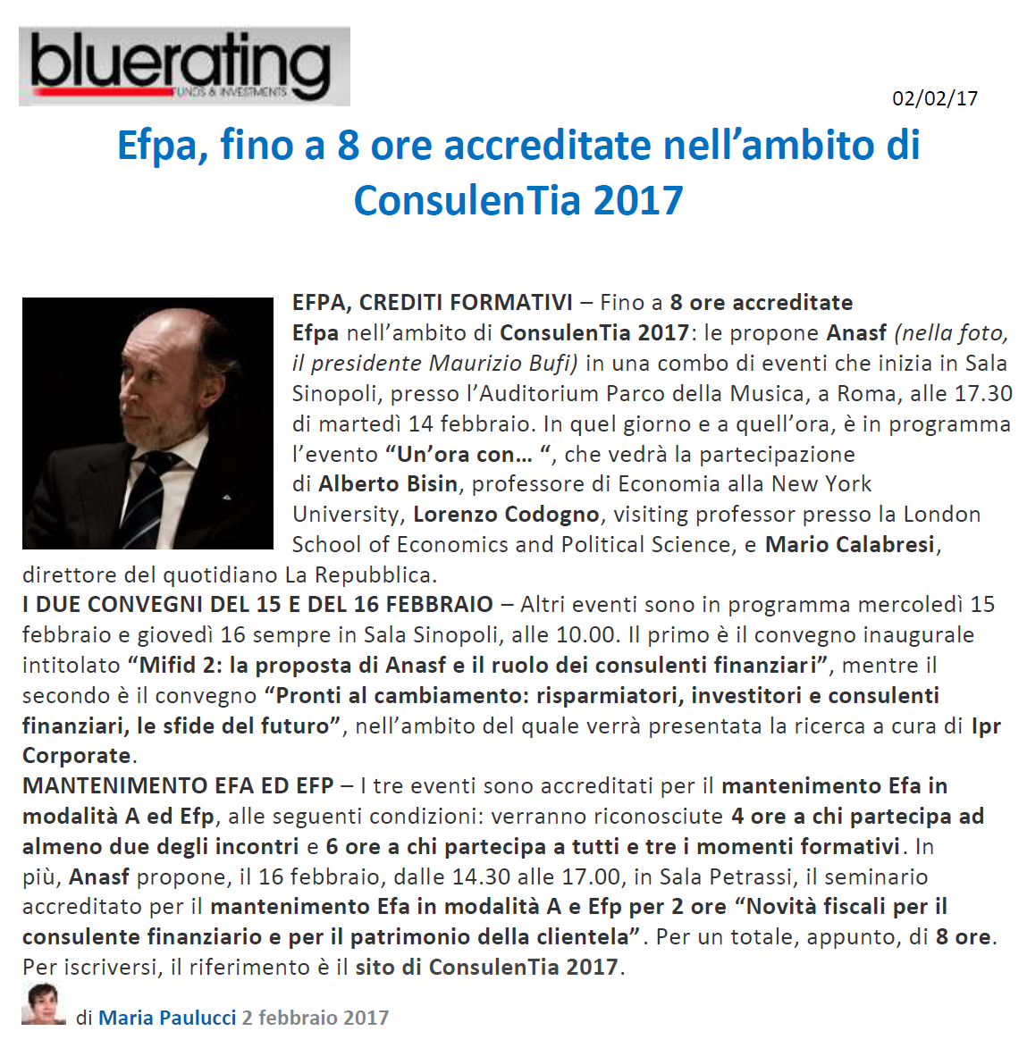 Bluerating - EFPA, fino a 8 ore accreditate nell'ambito di ConsulenTia 2017